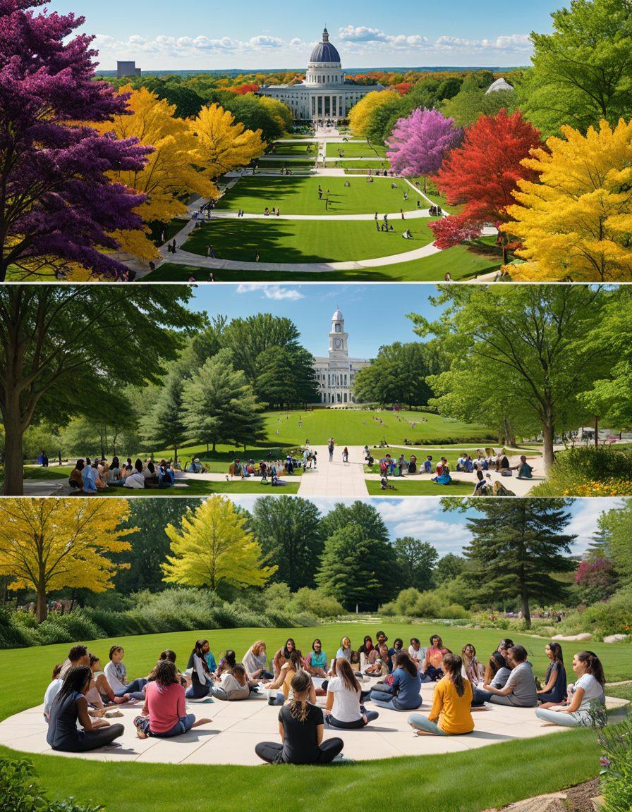 A vibrant and uplifting collage showcasing diverse students on the UAlbany campus engaged in various activities promoting mental well-being, such as studying in serene outdoor spaces, participating in mindfulness workshops, and enjoying social gatherings. The background features iconic campus landmarks and lush greenery, illustrating a supportive community atmosphere. The overall color palette is bright and inviting, symbolizing empowerment and positivity. super-realistic. vibrant colors. 3D.