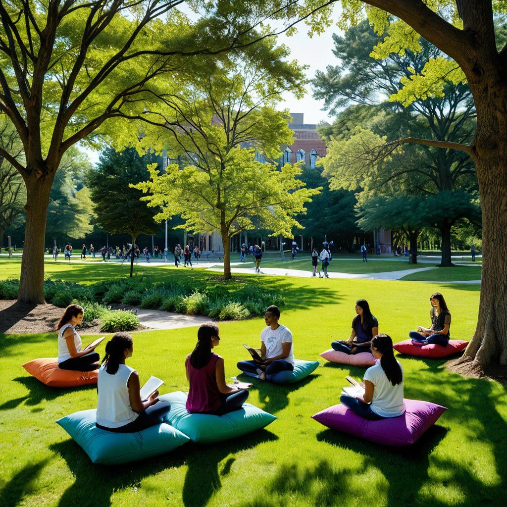 A serene outdoor setting at the University of Albany with students engaged in mindfulness activities, surrounded by lush greenery. Include visual elements like books, meditation cushions, and a laptop displaying mental health resources. The atmosphere should radiate positivity and support, with warm sunlight filtering through the trees. Incorporate diverse students to reflect inclusivity. vibrant colors. super-realistic.