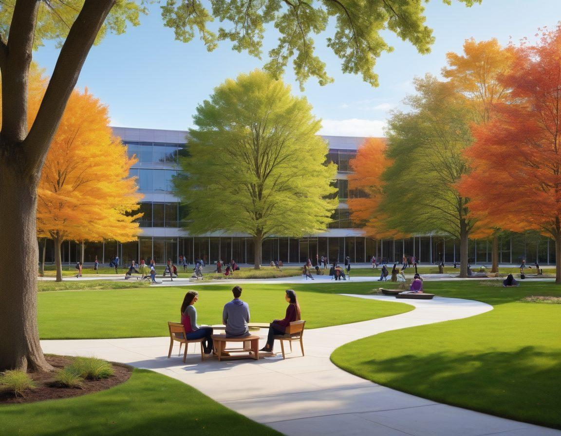 A vibrant university campus scene featuring students engaging in counseling and wellness programs. Highlight a cozy counseling room with warm colors, students discussing in groups, and wellness activities like yoga or meditation happening outdoors. Include the UAlbany logo subtly in the background. Focus on a sense of community and support. super-realistic. vibrant colors. bright atmosphere.